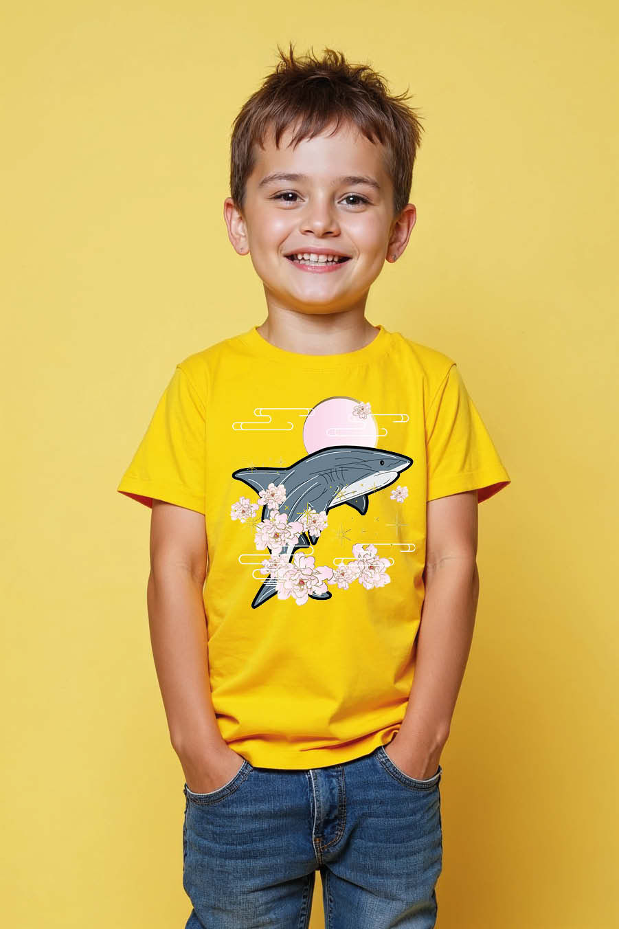 Sakura Shark and Pink Moon Kid's T-Shirt Casual Typography Print T-Shirt for Kid