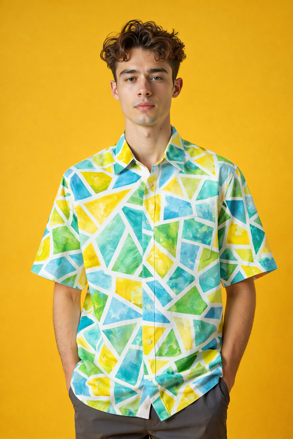 Model in geometric Urban Casual Patterned Oversized Shirt – Premium Print