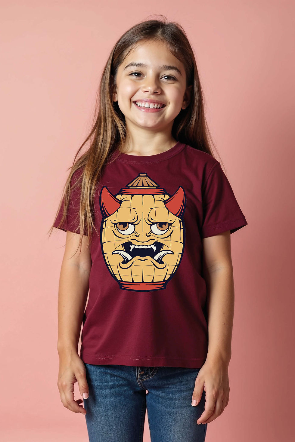Thumbnail: Intense Oni Demon Mask on a Barrel Kid's  T-Shirt Premium Cool Cartoon Kids