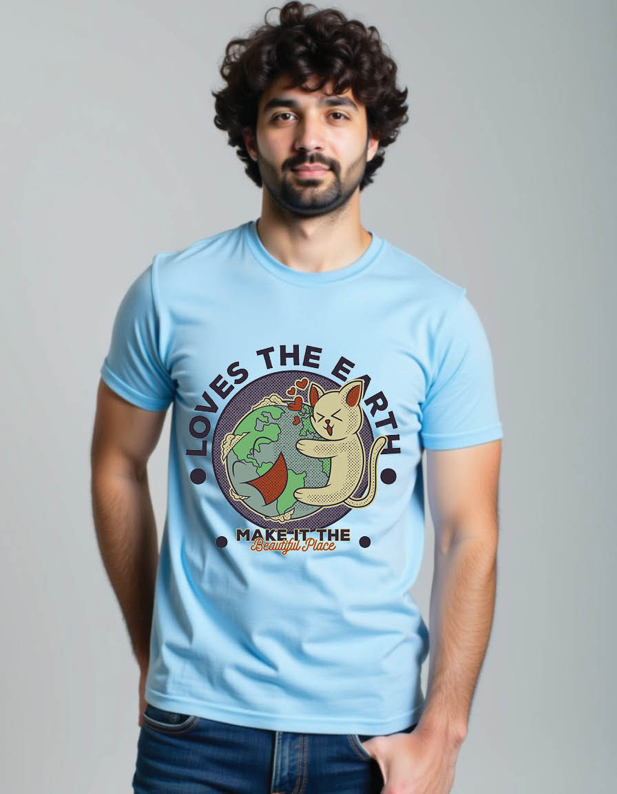 Thumbnail: cartoon of cat hugging the eatrh mens printed graphic t shirt