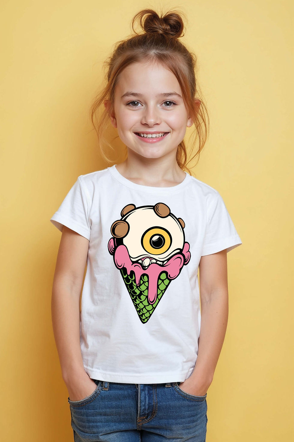 Wacky Eyeball Ice Cream Cone Graphic T-Shirt Cool Casual Kids Printed T-Shirt