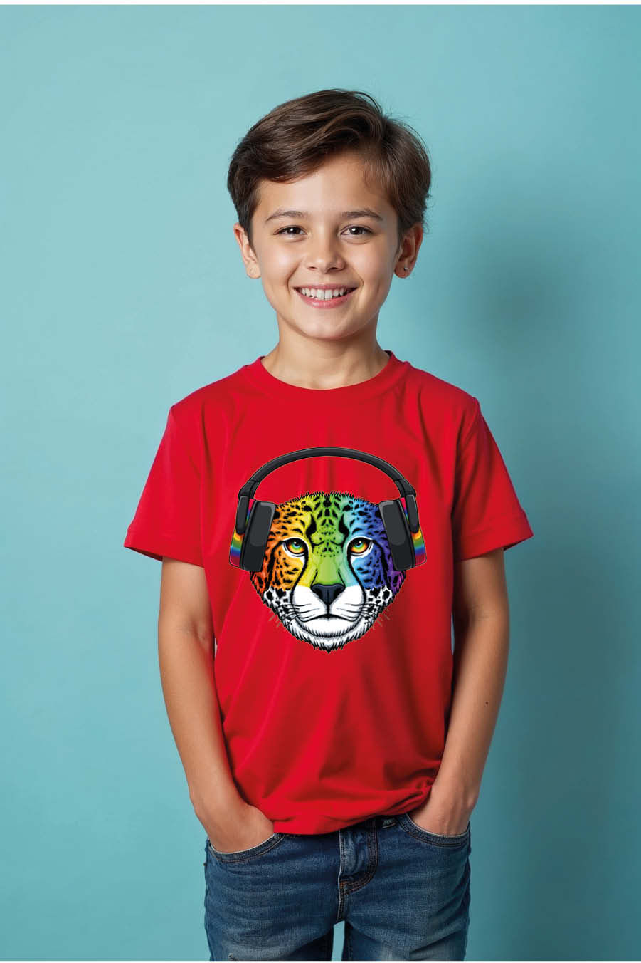 Thumbnail: Rainbow Cheetah Kids T-Shirt – Colorful Headphone Jungle Cat Graphic trendy