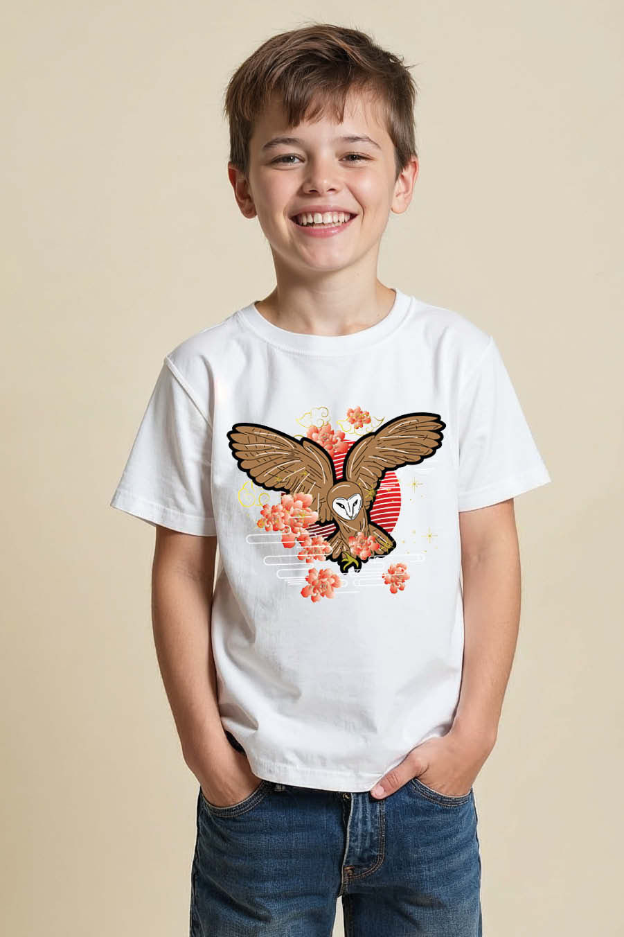 Thumbnail: Flying Barn Owl and Cherry Blossom Graphic Modern Trendy Printed Tee for Kids
