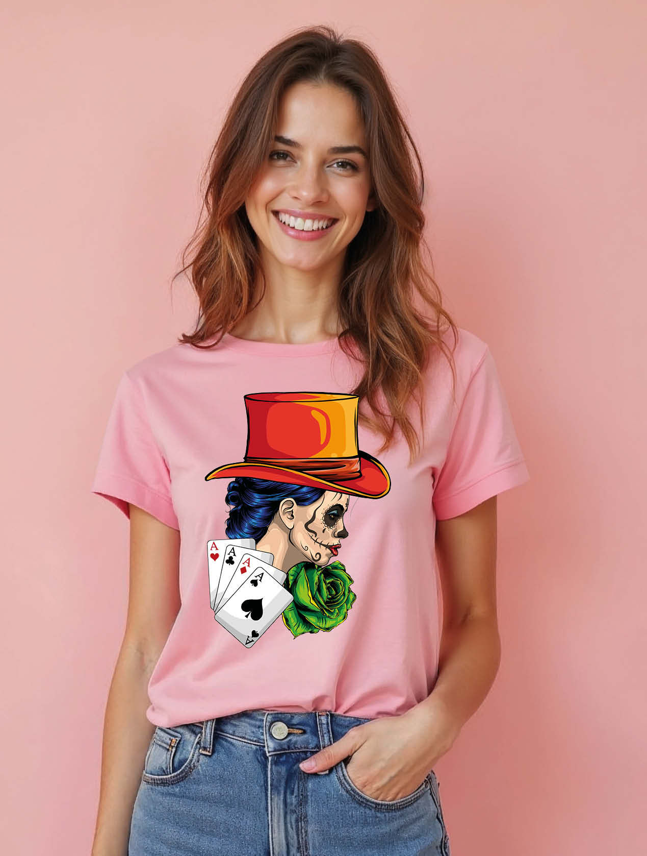 Sugar Skull Magician and Aces Stylish Women’s Printed Graphic Streetwear T-Shirt