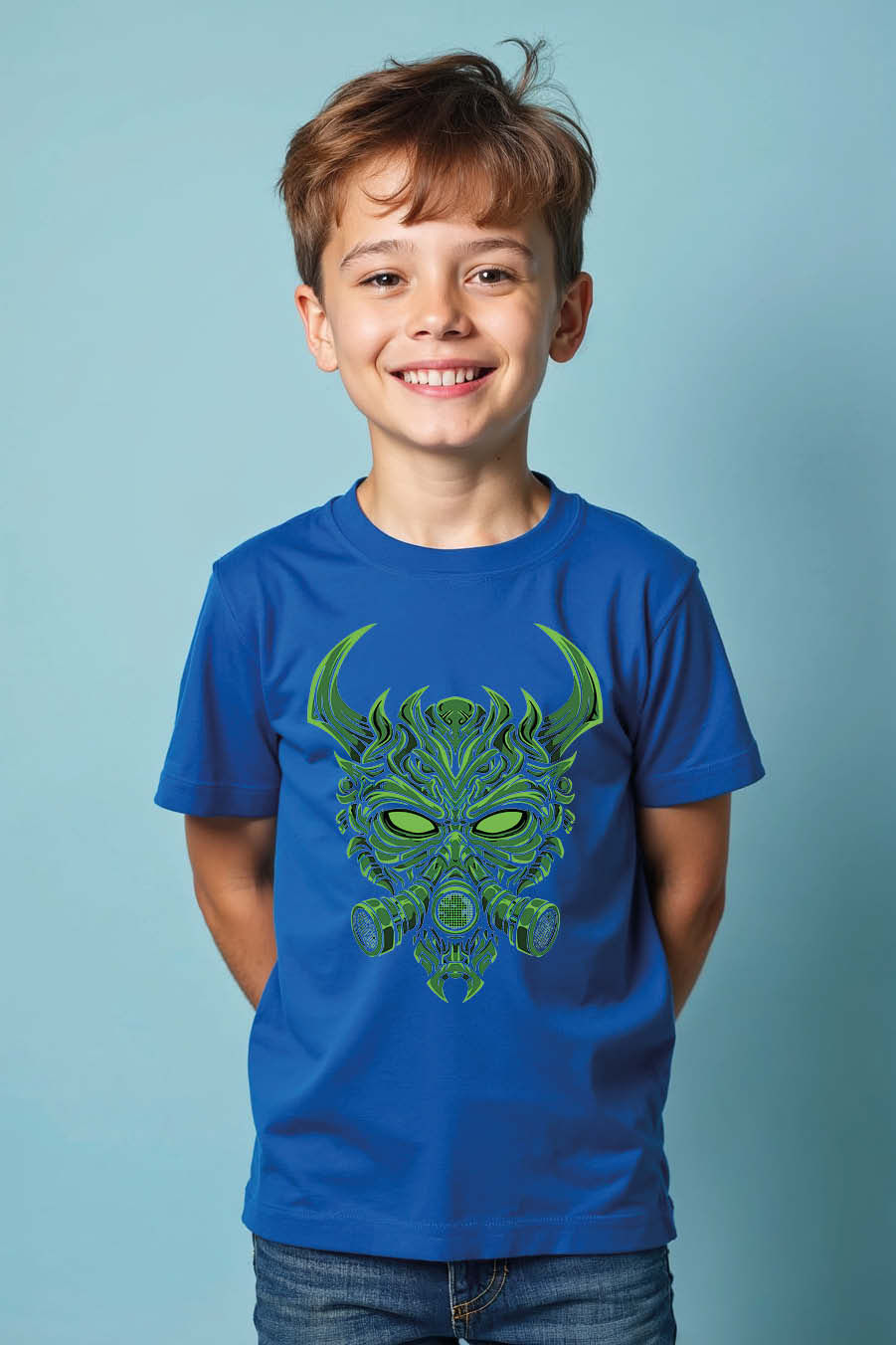 Thumbnail: Tribal Green Gas Mask Demon Premium Trendy Printed Tee for Kids – Design Print