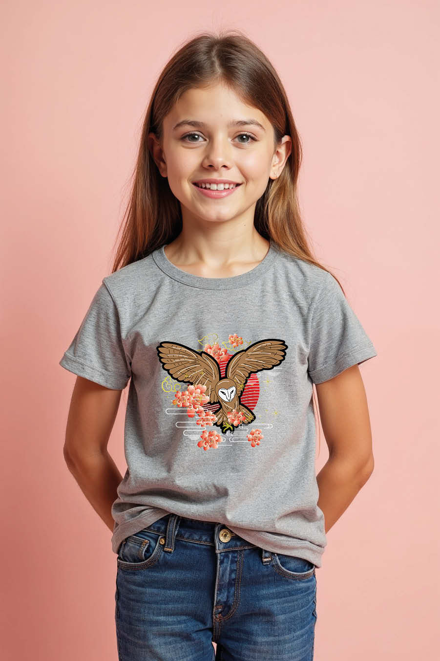 Thumbnail: Flying Barn Owl and Cherry Blossom Graphic Modern Trendy Printed Tee for Kids