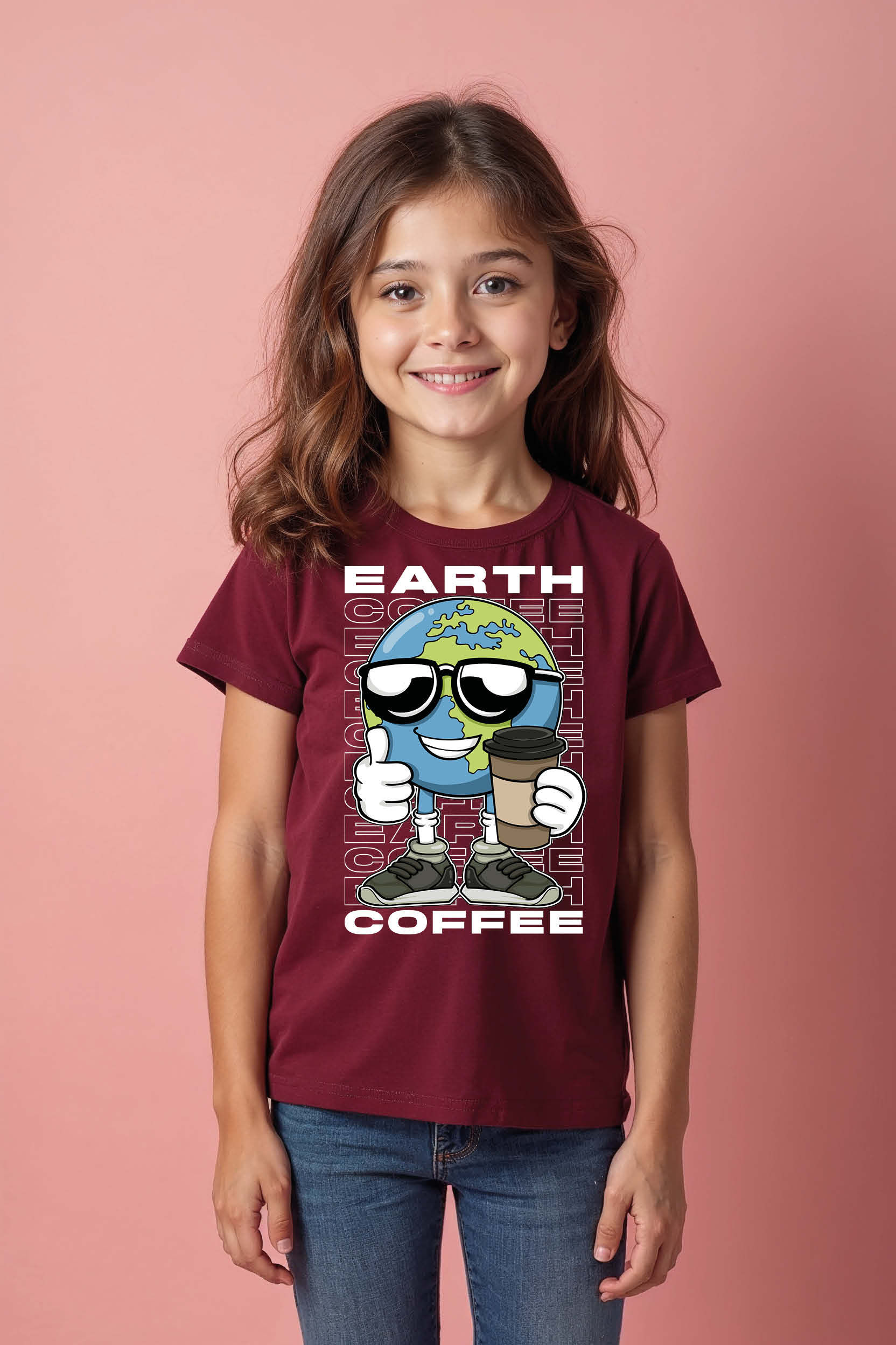 Earth and Coffee Graphic Kids T-Shirt – Cool Planet Cartoon Tee for Boys & Girls