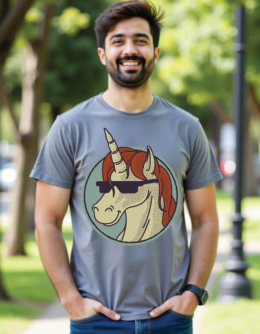 Thumbnail: cartoon of unicorn horse wearing glasses with retro mens printed graphic t shirt
