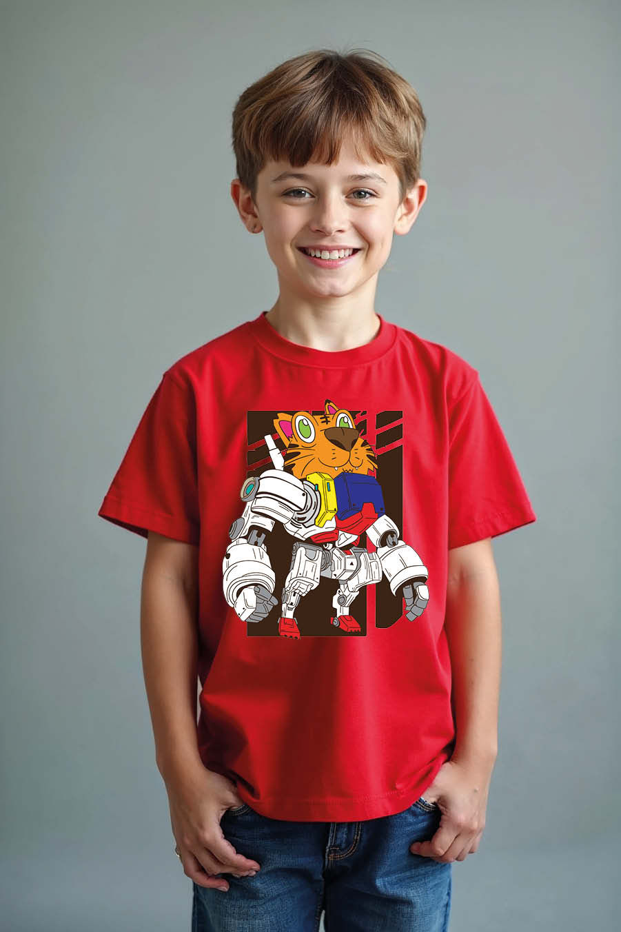 Cyborg Robot Cat Graphic Comfortable Typography Print T-Shirt for Kids