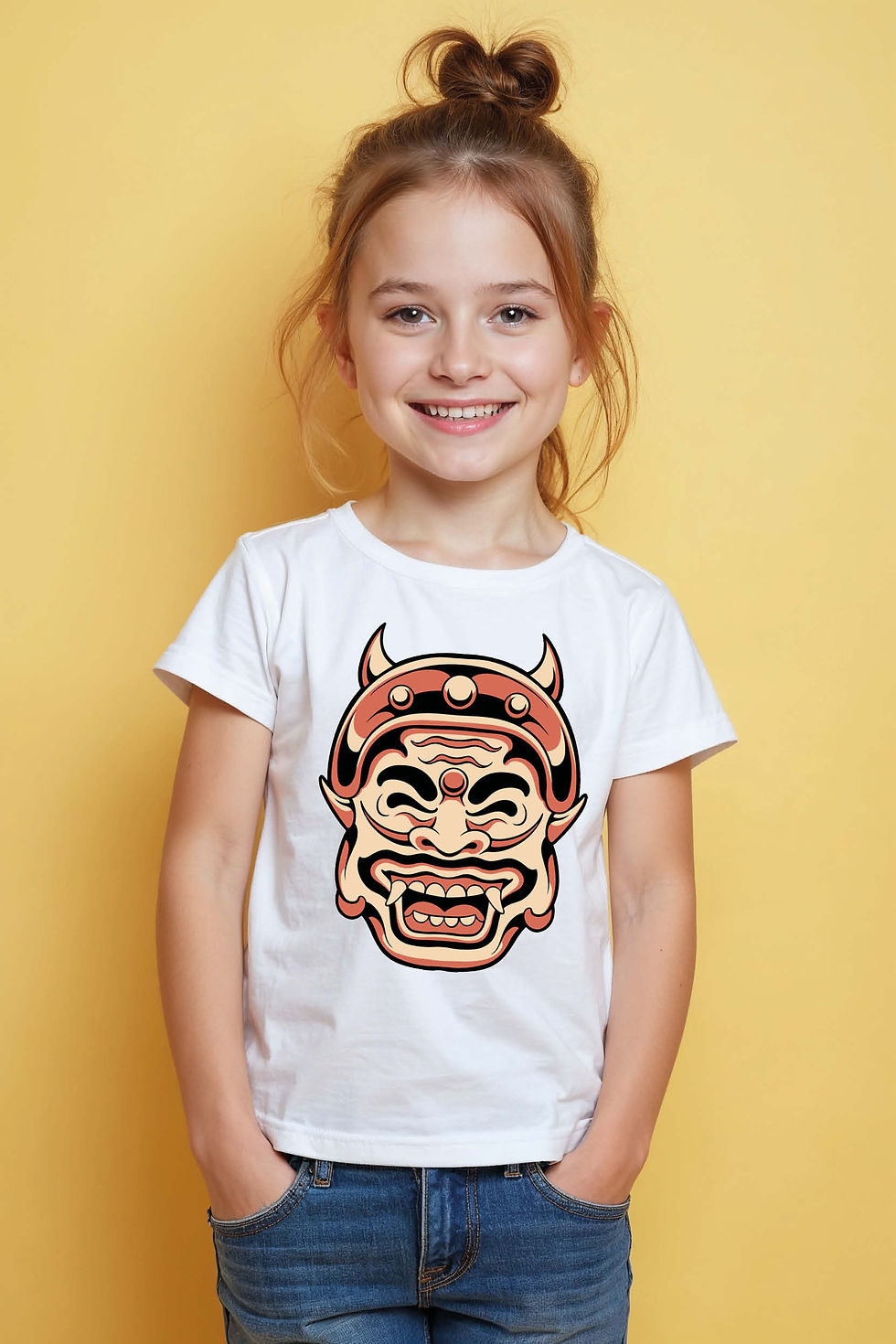 Thumbnail: Laughing/Smiling Horned Oni Mask Graphic Tee Colorful Cool Cartoon Kids T-Shirt