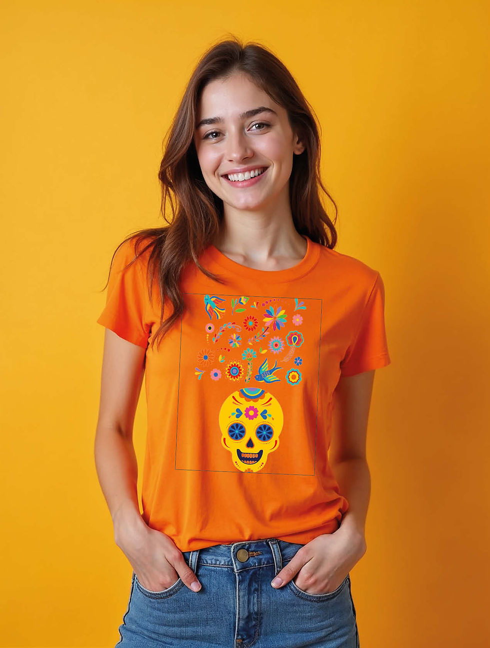 Thumbnail: Vibrant Calavera and Folk Art Graphic Modern Womens Printed T-Shirt – Hot Deal