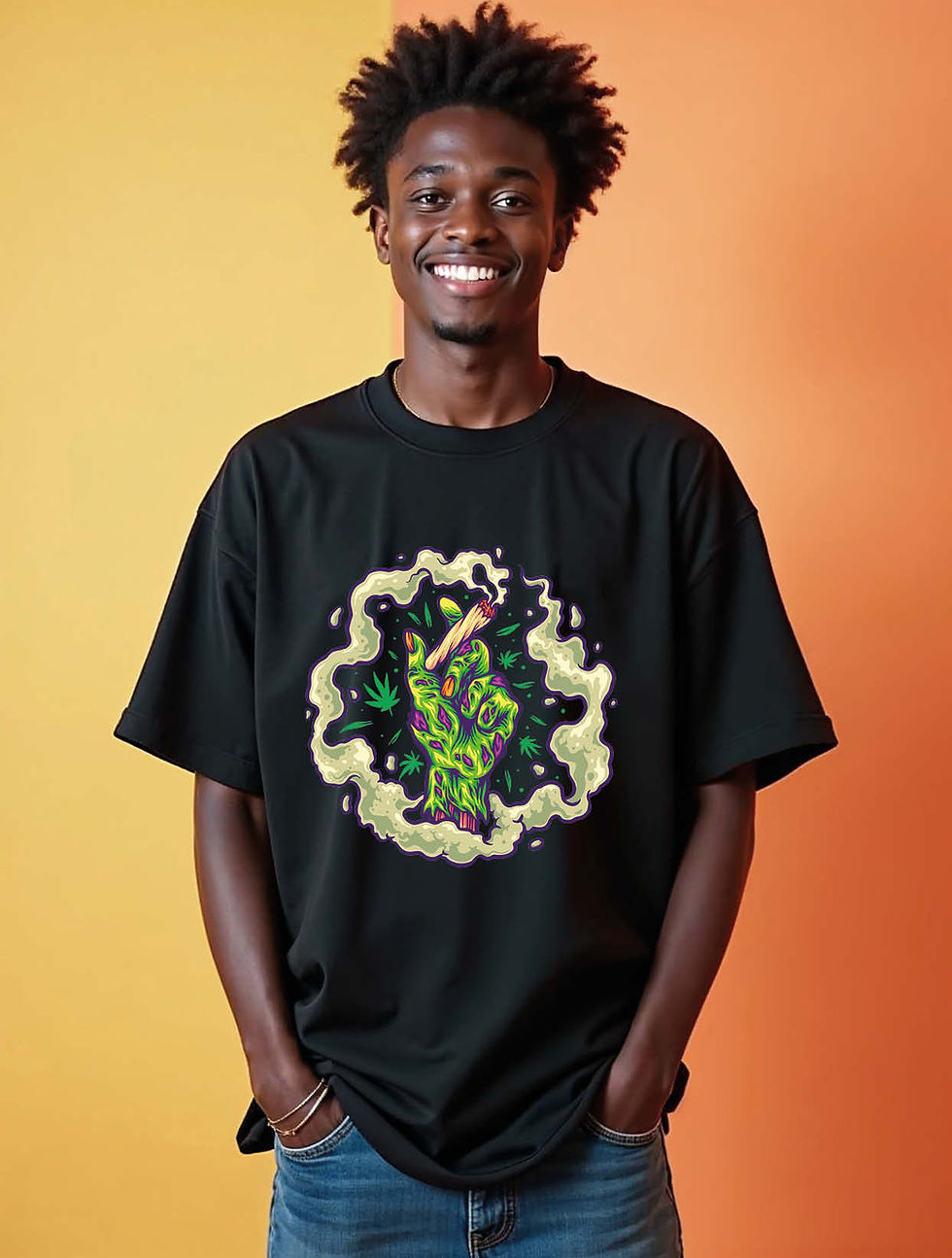 Thumbnail: Smoking Green Zombie Fist Urban Graphic Unisex Drop Shoulder Oversized T-Shirt