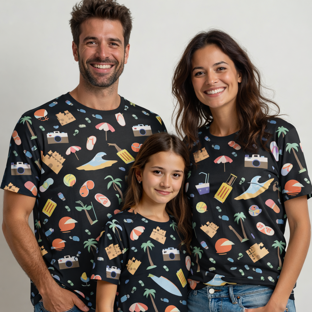 Family moment with beach-themed style pattern tees pack of 3