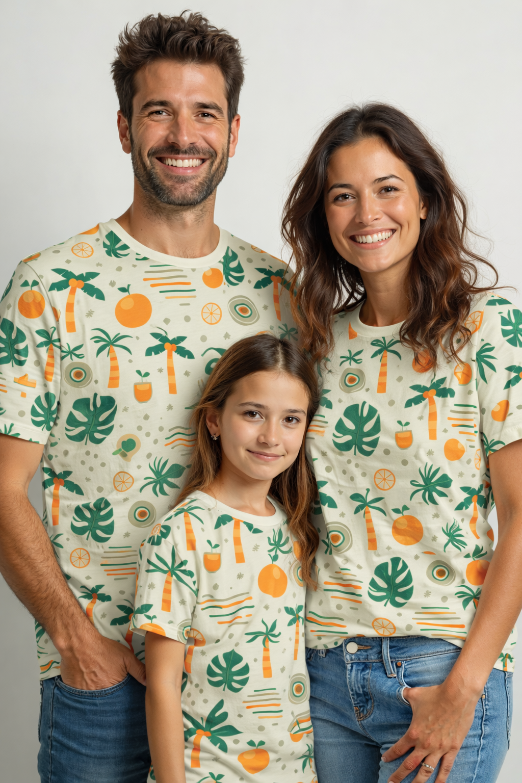 Family portrait with tropical matching printed T-shirts pack of 3