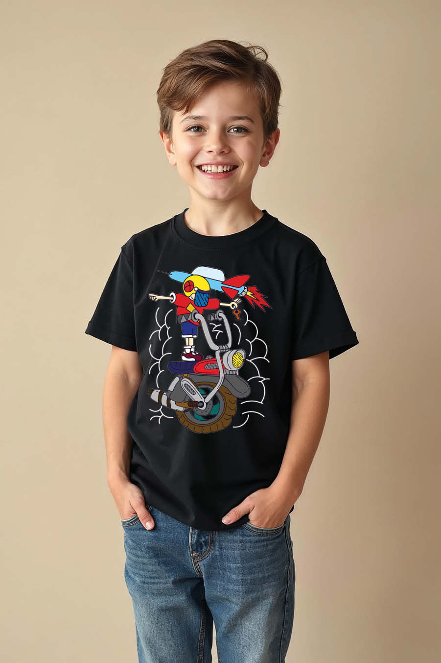 Thumbnail: Rocket-Powered Scooter Graphic Everyday Casual Kids Printed T-Shirt