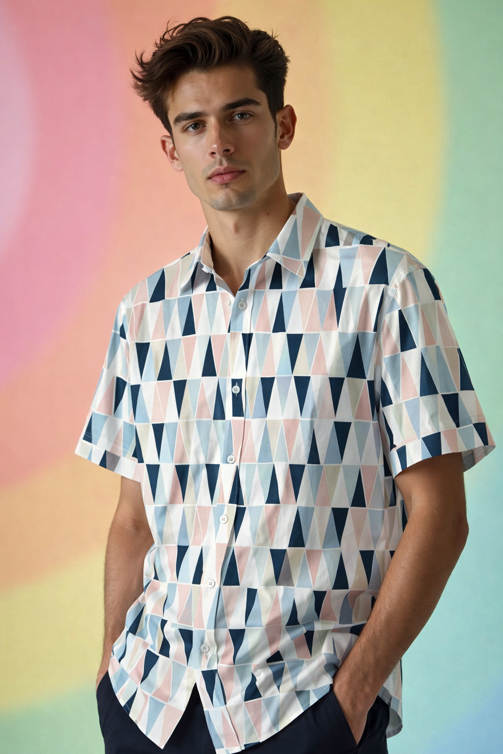 Geometric style against vibrant gradient High Demand Patterned AOP Shirt