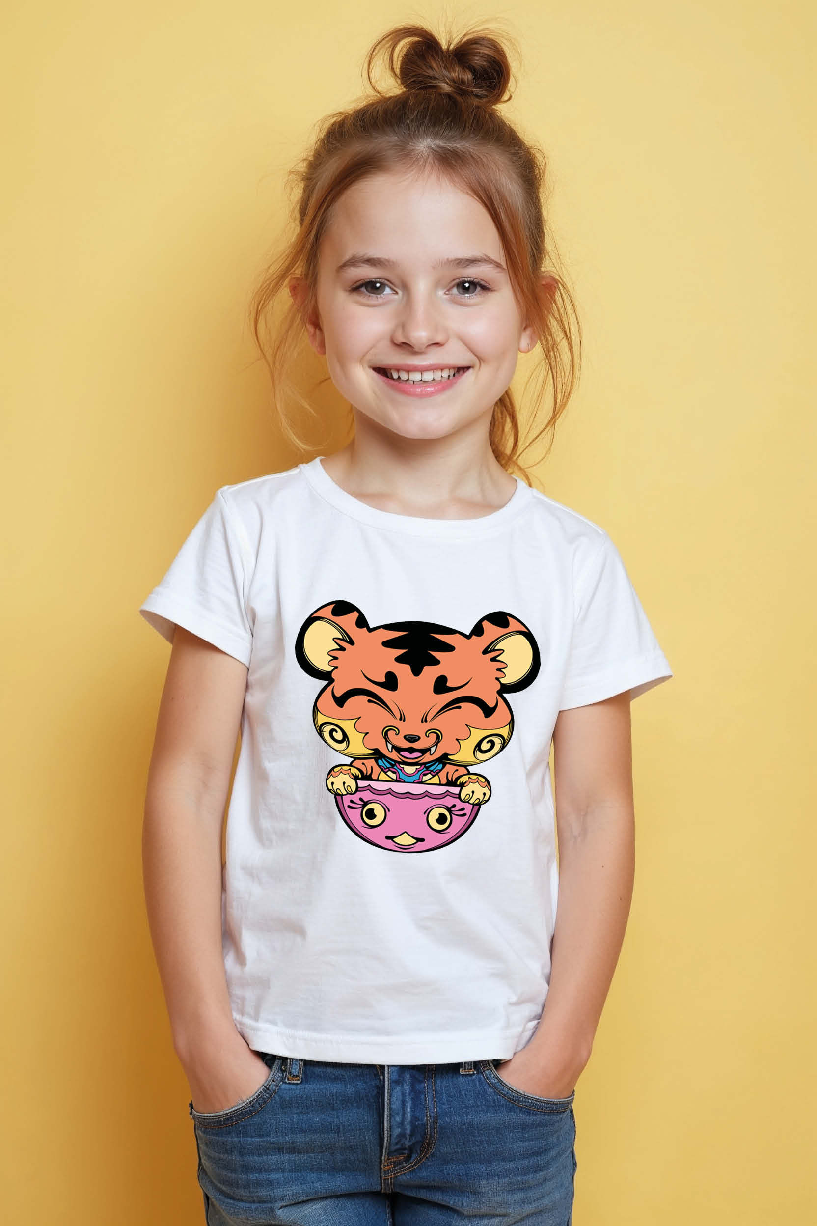 Winking Tiger Cub in Pink Bowl T-Shirt Cool Kids Printed T-Shirt – Character