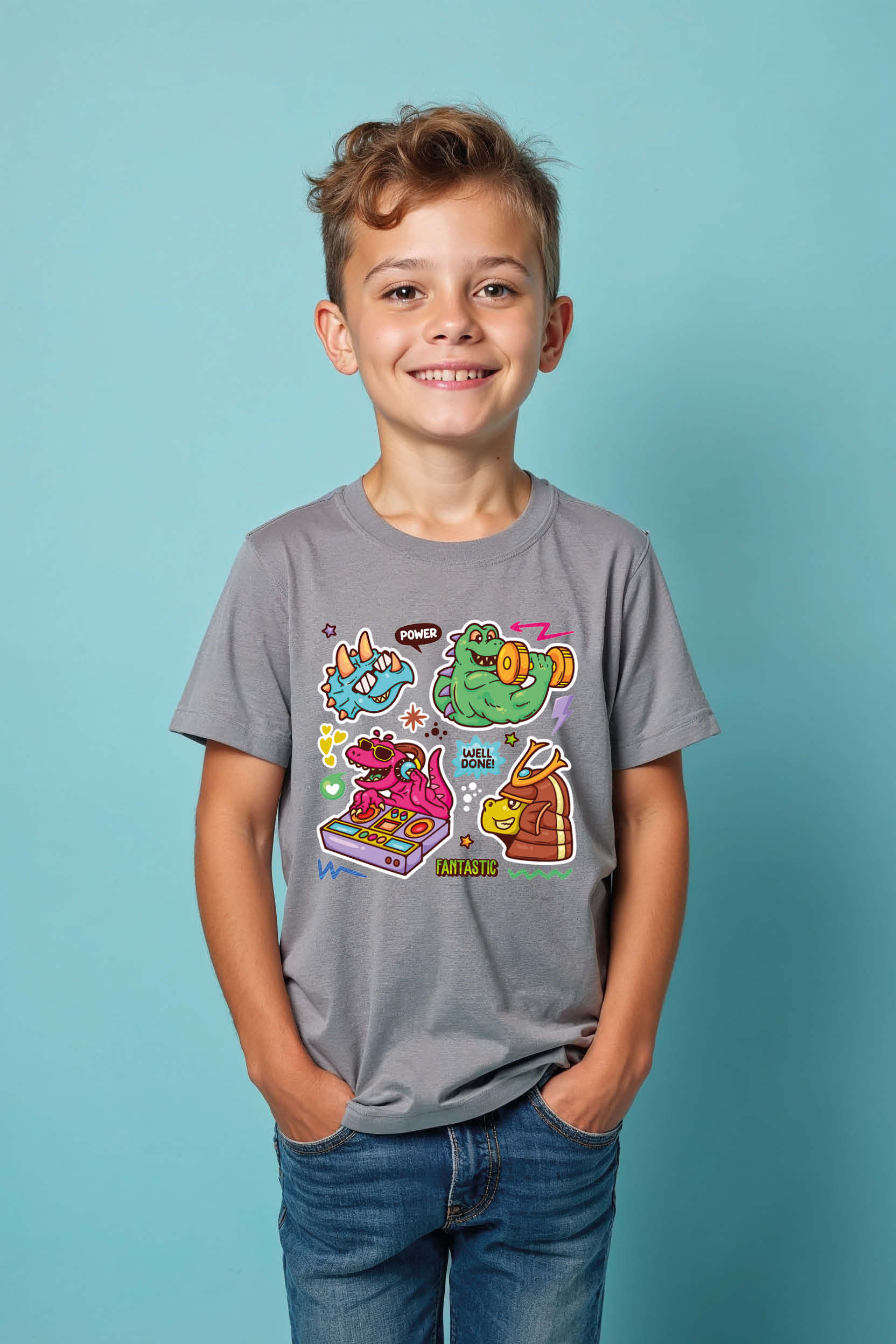 Funny Cartoon Dinosaur Activity Sticker Tee Casual Typography Print T-Shirt