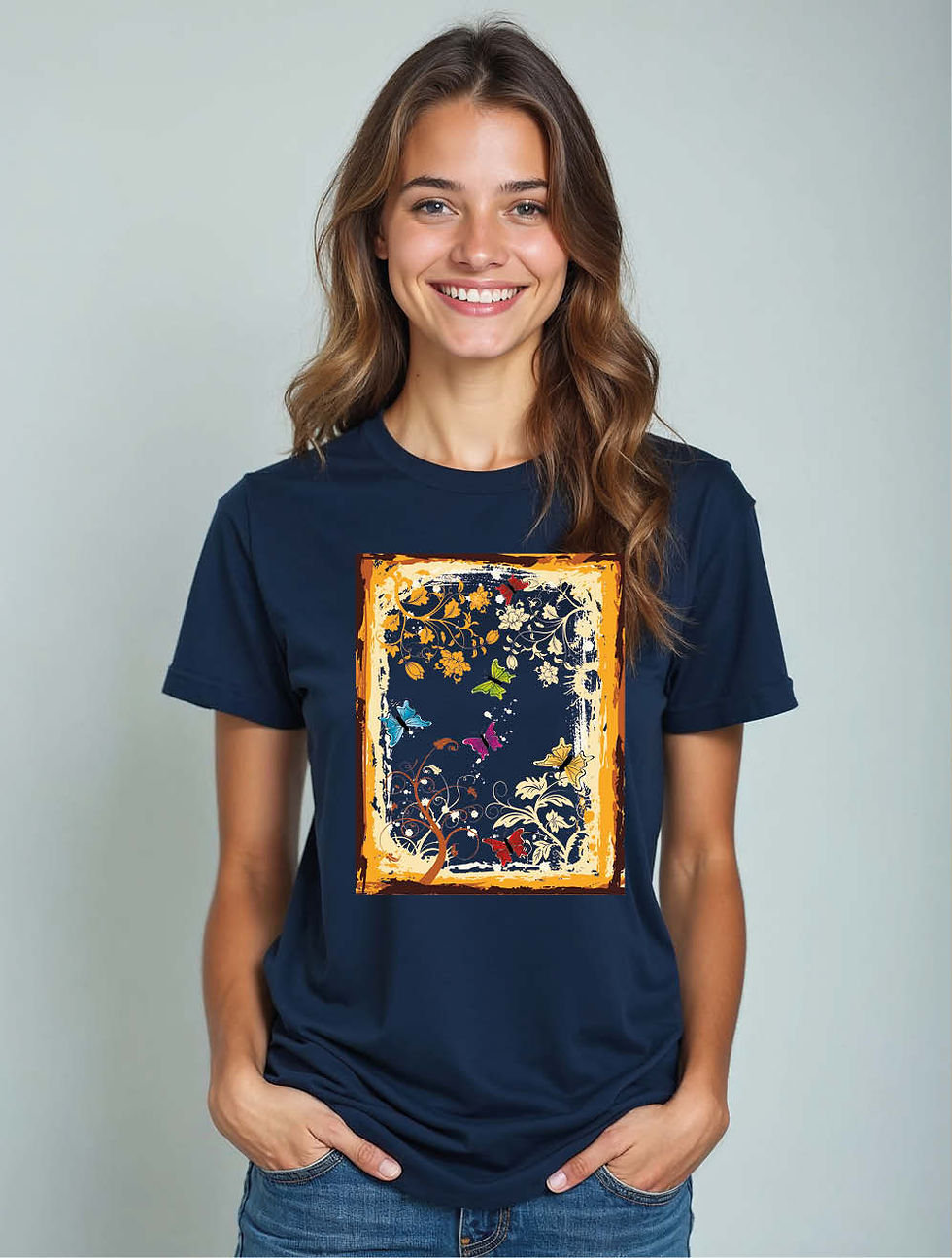 Abstract Floral and Butterfly Grunge Frame  Stylish Women’s Printed Graphic tees