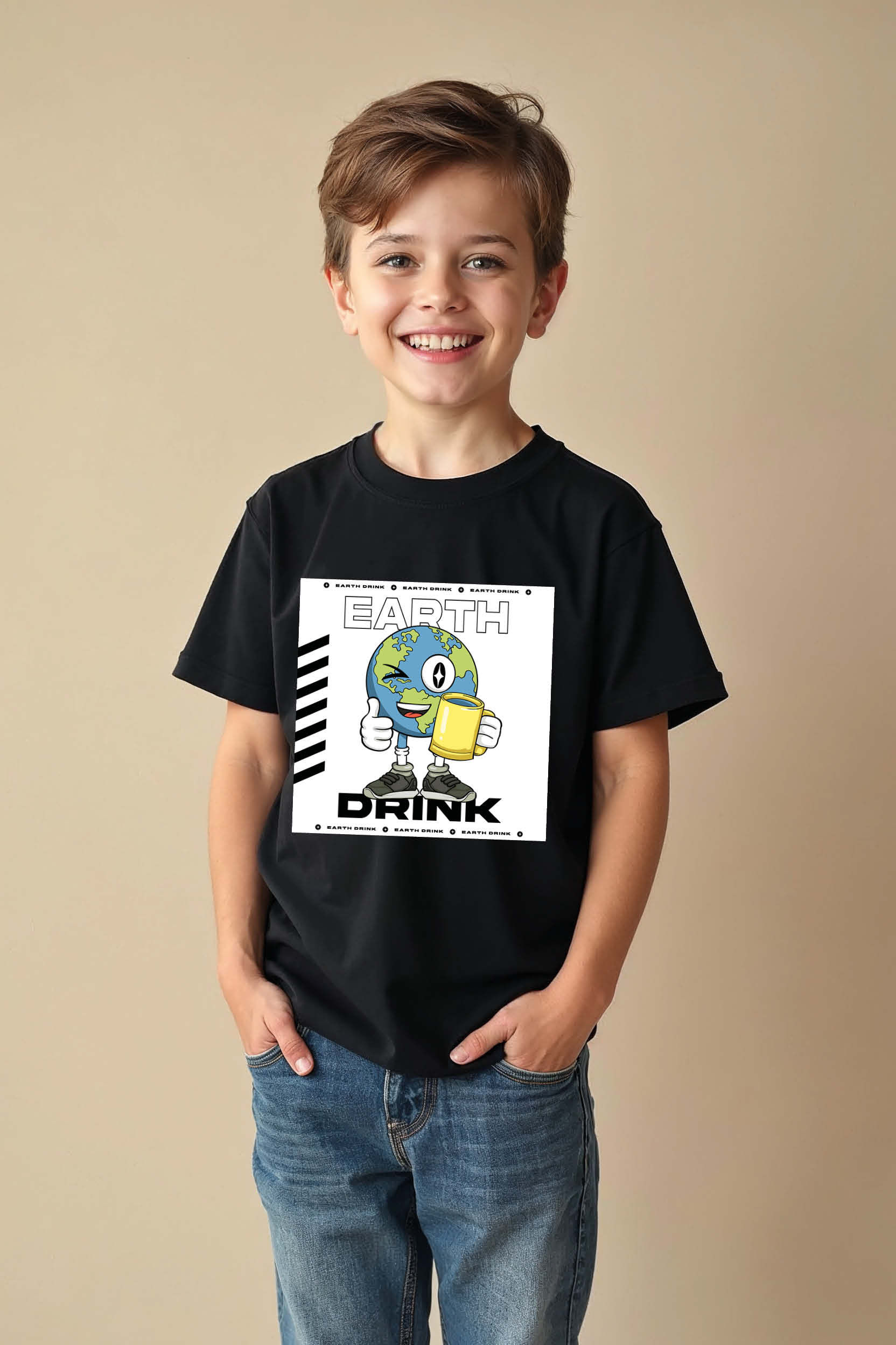 Cartoon Earth "Drink" Climate Change Graphic Teea Cute Kids Printed T-Shirt
