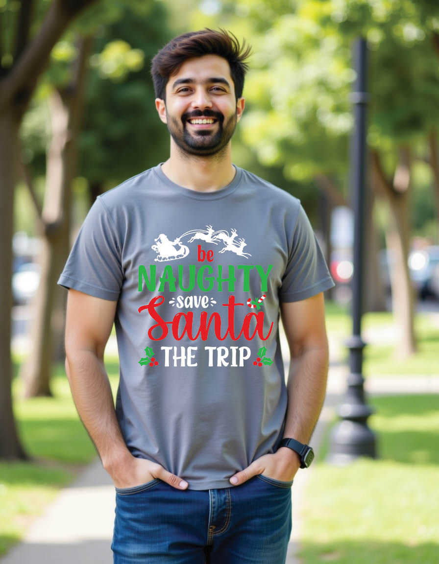be naughty save santa trip christmas mens printed graphic t shirt