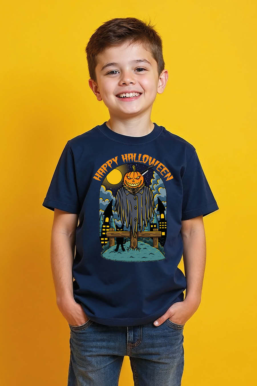 Scarecrow Jack Lantern Full Moon Halloween T-Shirt Premium Kids Graphic Tee