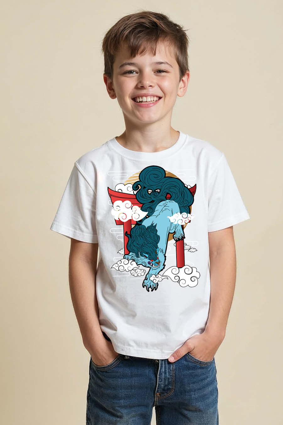 Thumbnail: Mythical Shishi Dog Komainu with Torii Gate and Clouds Graphic T-Shirt