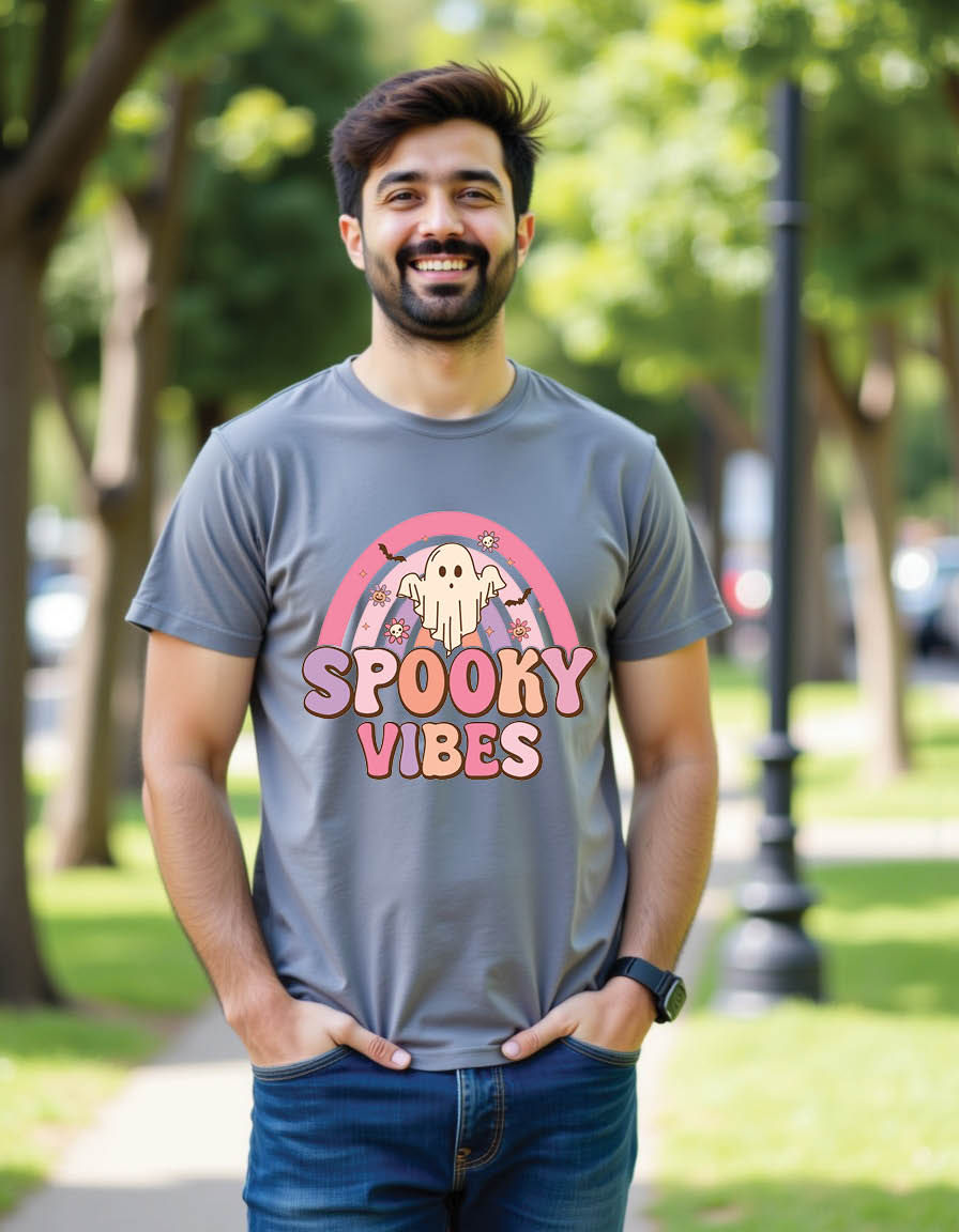 Thumbnail: spooky vibes retro groovy halloween mens printed graphic t shirt