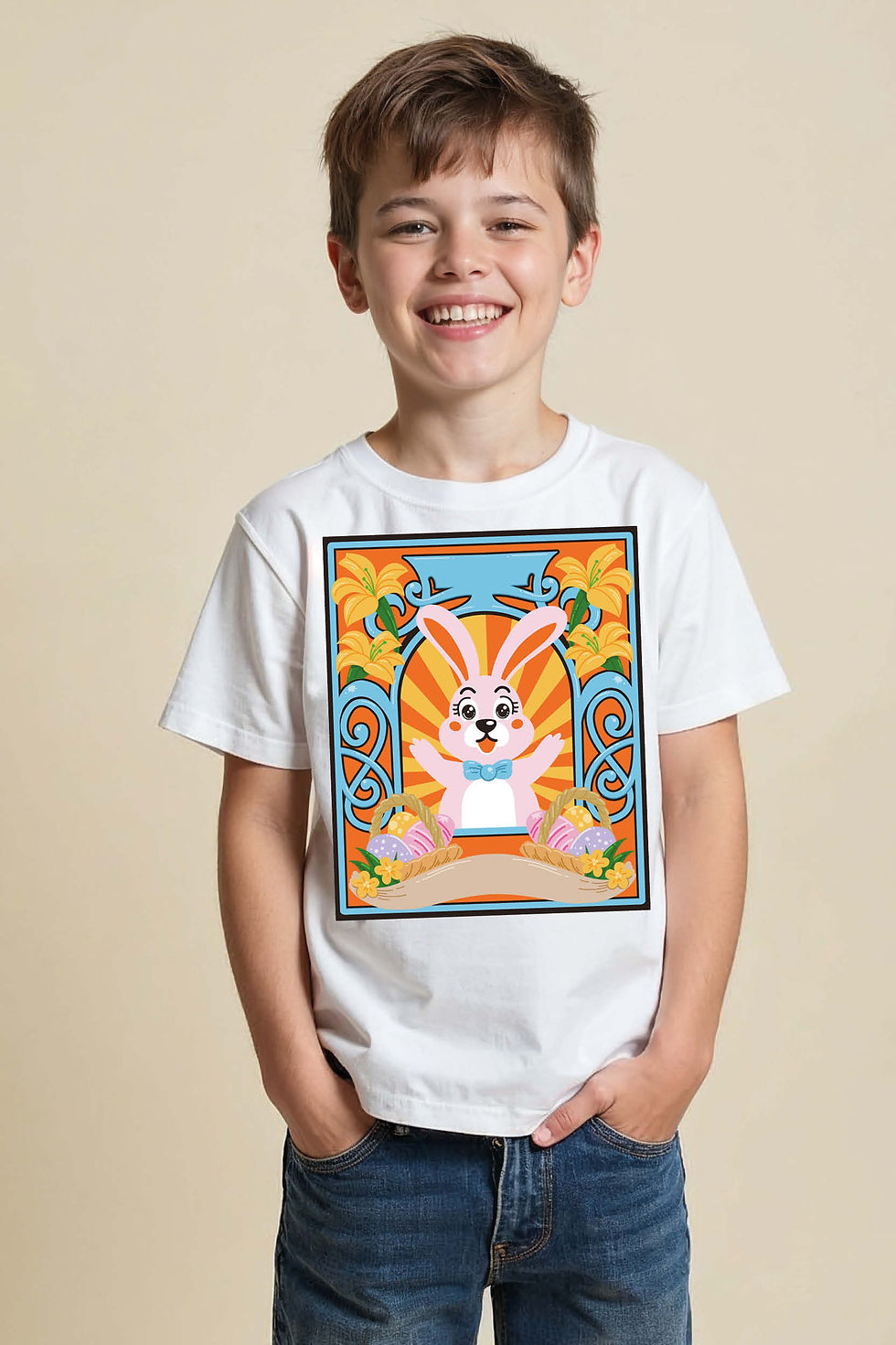 Thumbnail: Easter Bunny and Lilies Graphic T-Shirt Design Casual Unisex Kids Graphic Tee