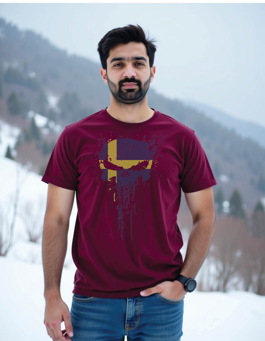 Thumbnail: skull head sweden flag with grunge texture mens printed graphic t shirt