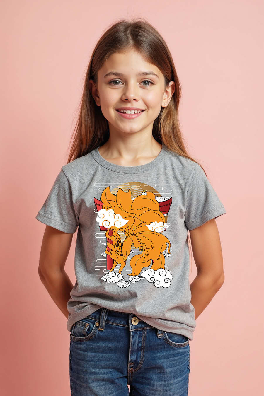 Thumbnail: Golden Nine-Tailed Kitsune Fox with Clouds and Moon Graphic T-Shirt