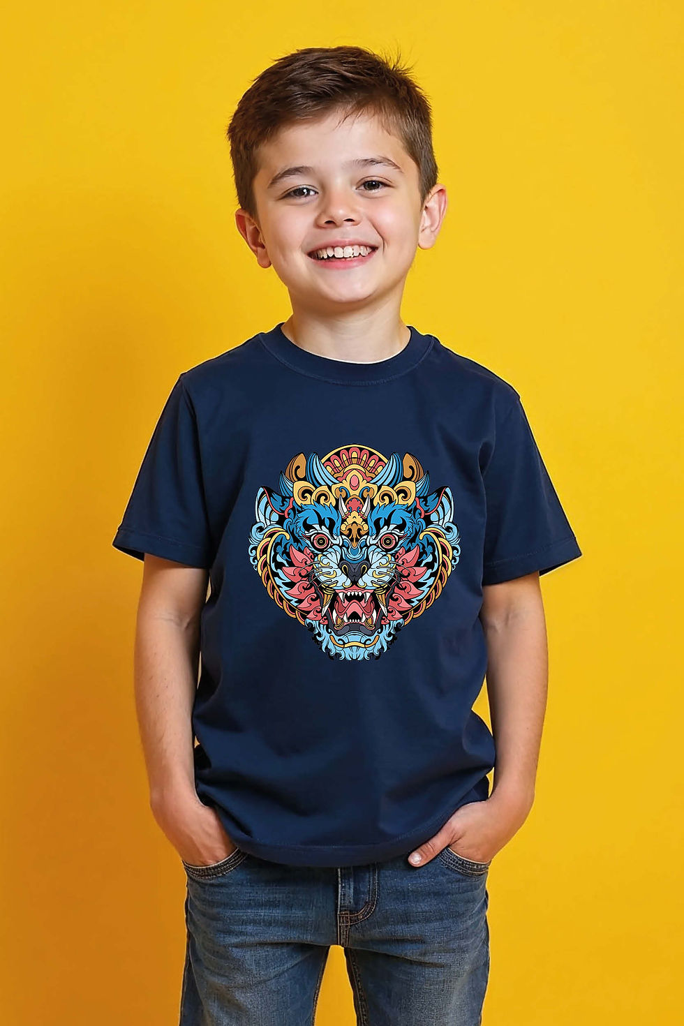 Vibrant Mythical Tiger/Feline Head Graphic Tee Cool Trendy Printed Tee for Kids