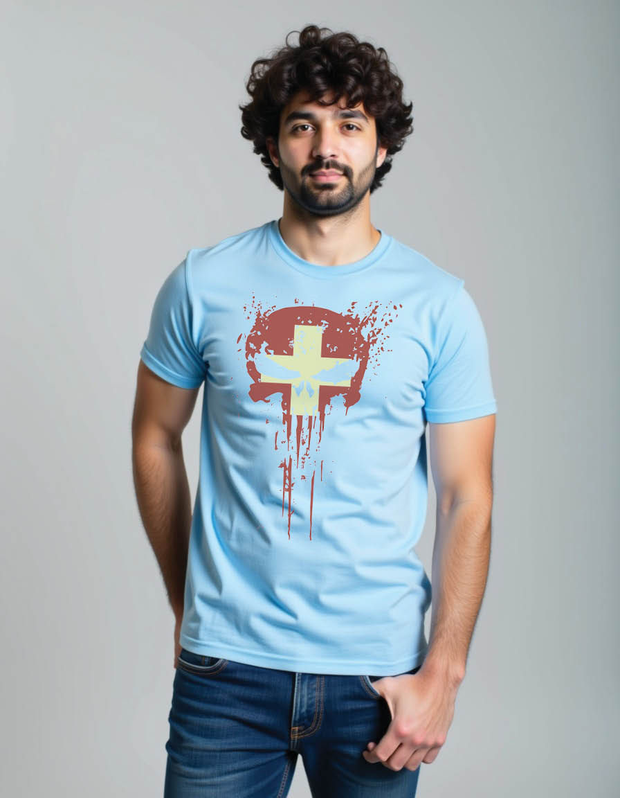 Thumbnail: skull head switzerland flag with grunge texture mens printed graphic t shirt