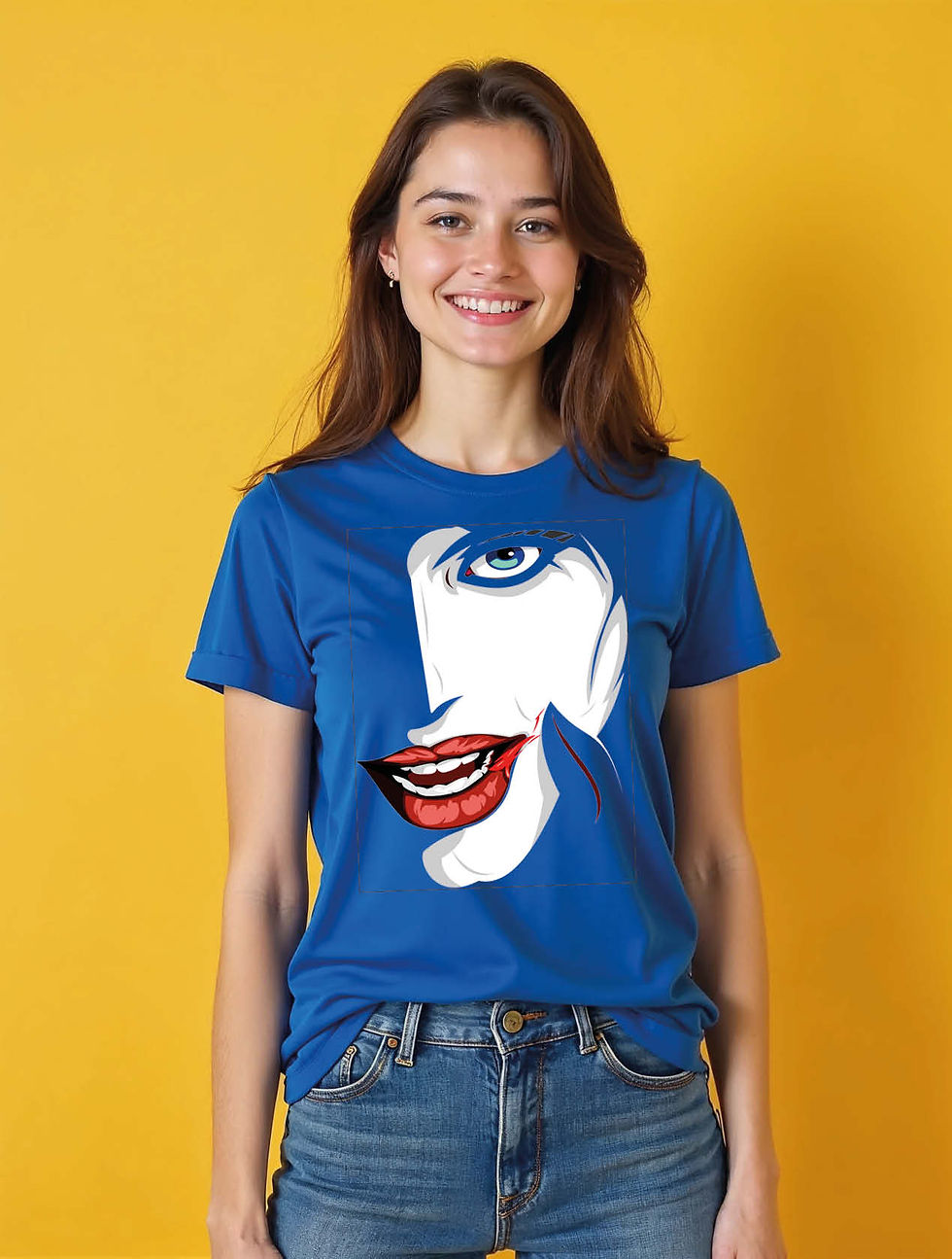 Thumbnail: Stylized Face with Wide Grin  Chic Women’s Streetwear T-Shirt – Sale