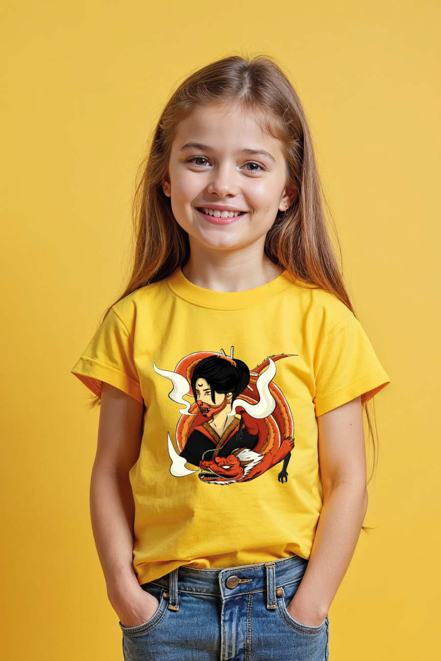Thumbnail: Geisha with Hannya Mask and Dragon Graphic T-Shirt Soft Unisex Kids Graphic tees