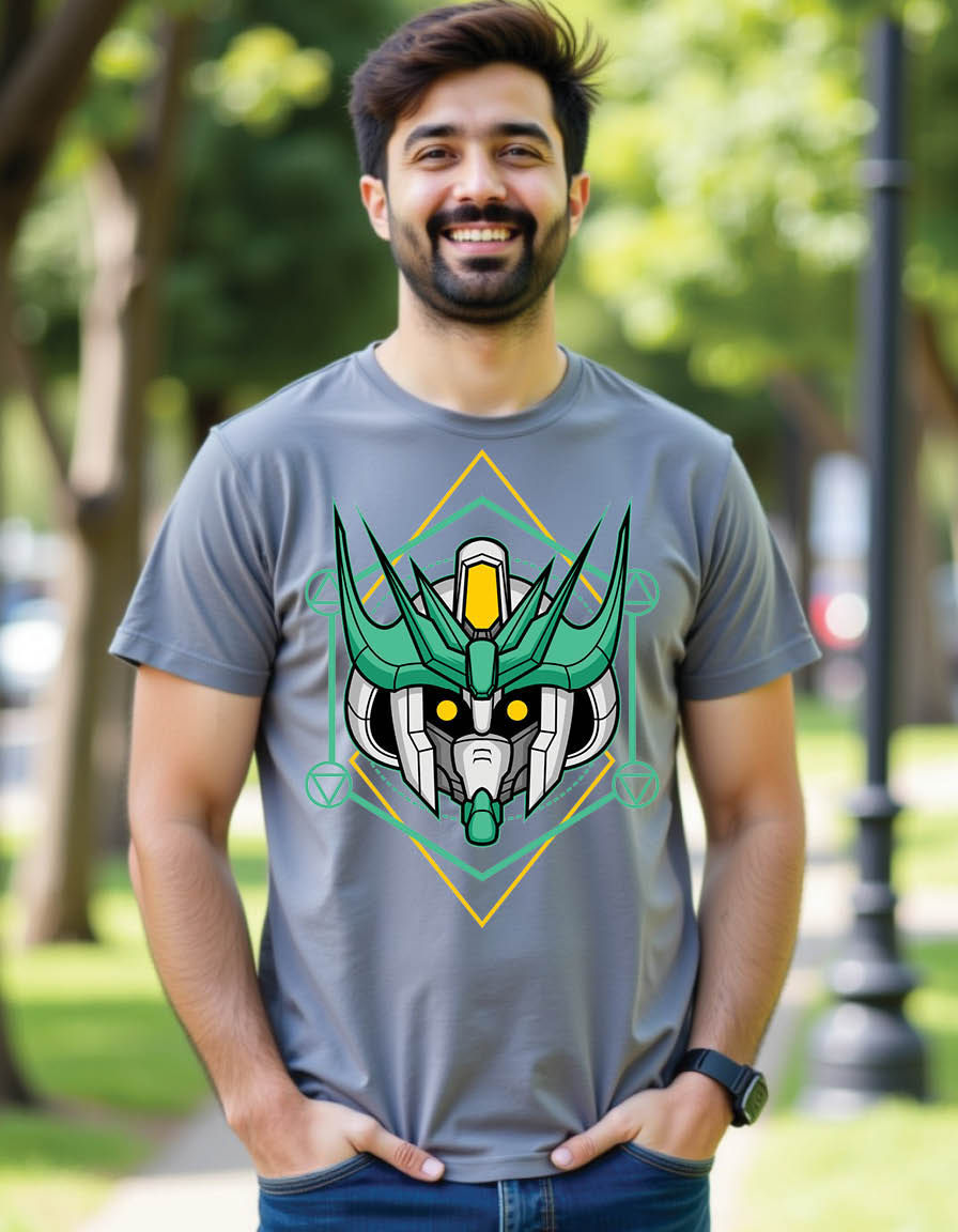 Thumbnail: killer robot head with sacred geometry mens printed graphic t shirt