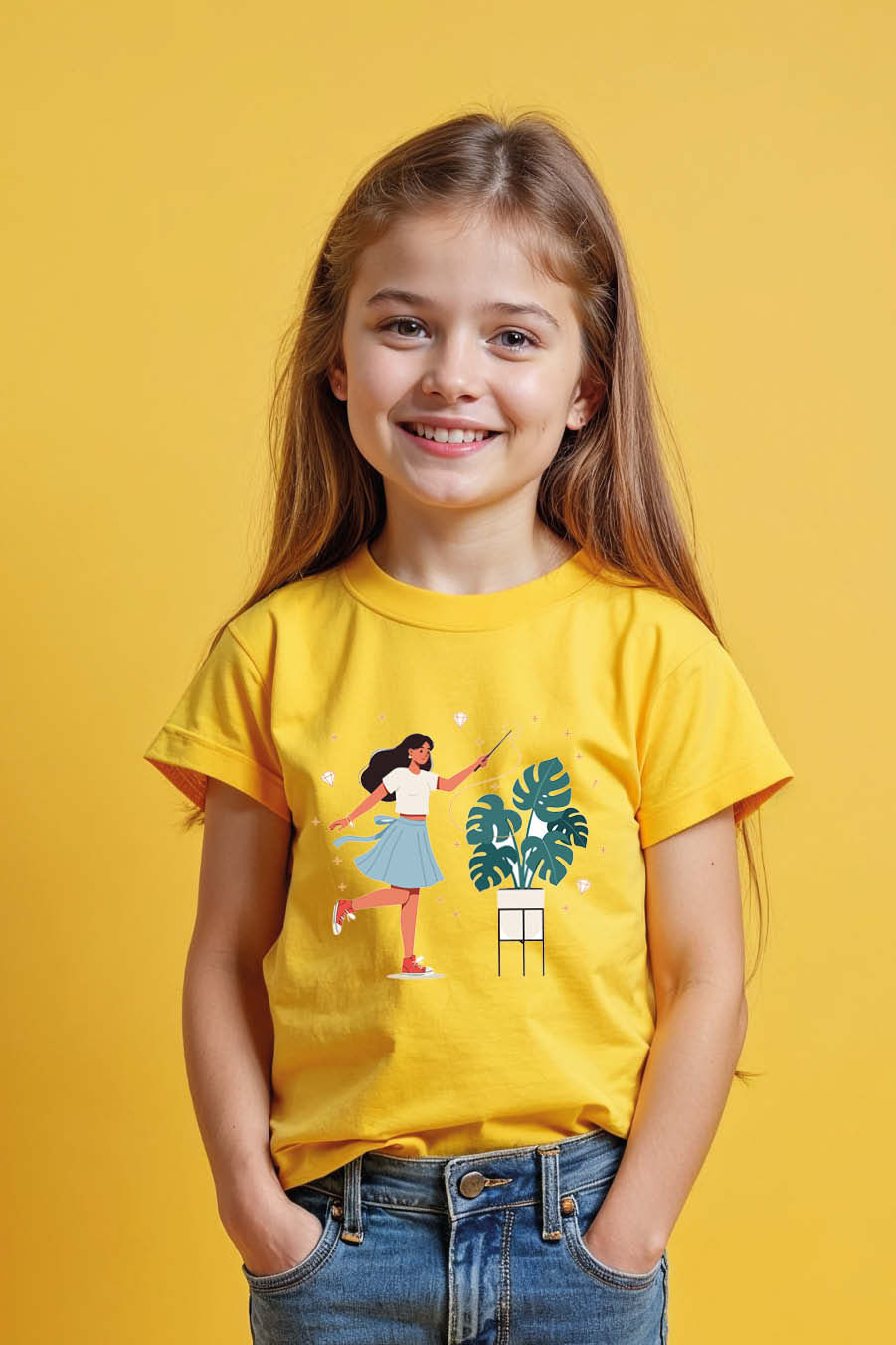Thumbnail: Plant Lover Girl with Monstera Kids T-Shirt Playful Trendy Printed Tee for Kids