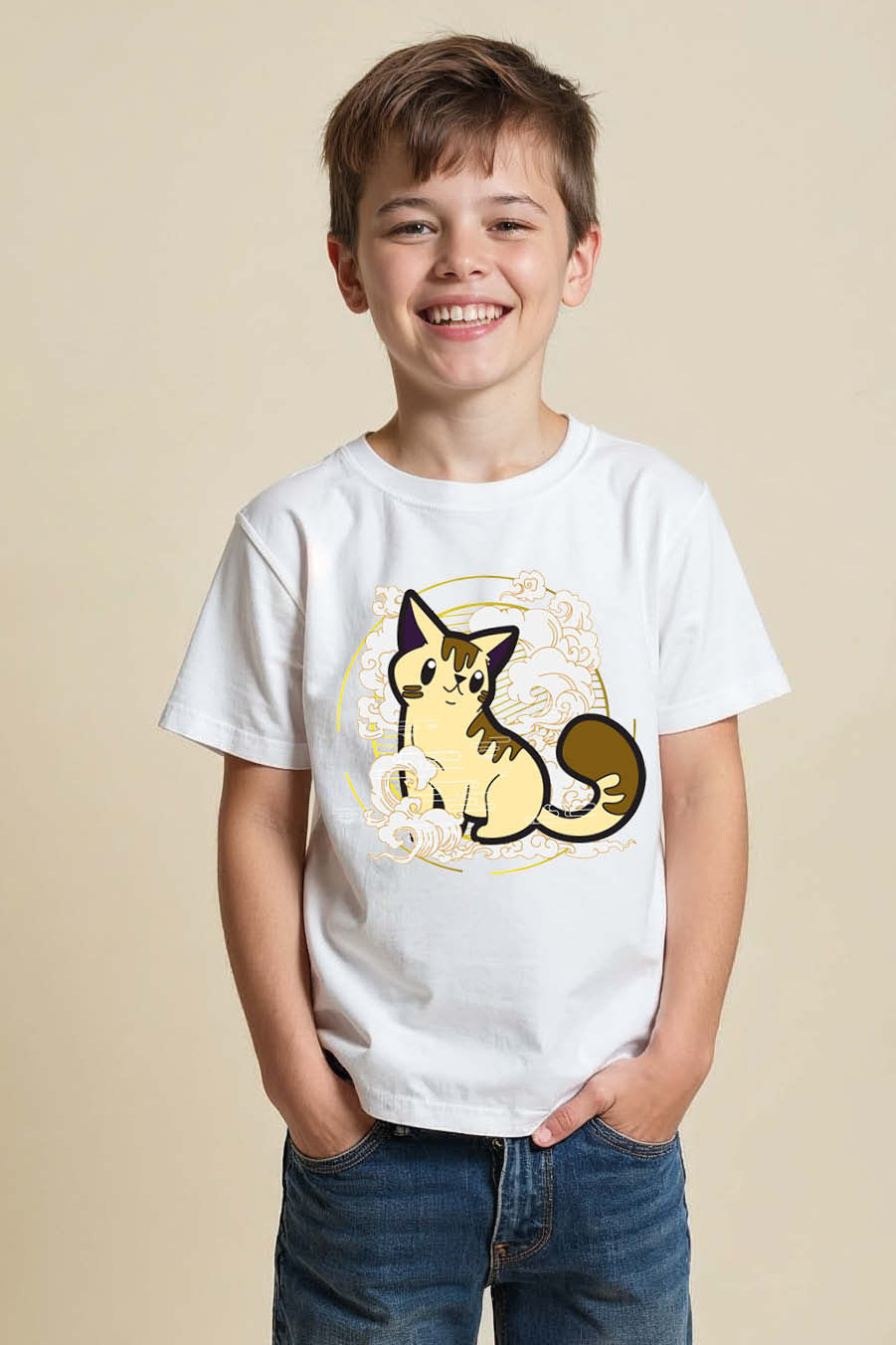 Thumbnail: Celestial Cloud Cat Kid's Graphic T-Shirt Premium Cute Kids Typography T-Shirt
