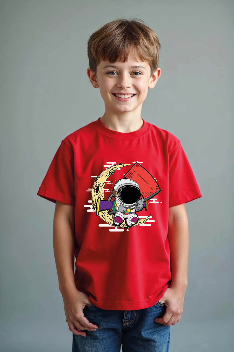 Thumbnail: Astronaut Planting Flag on Crescent Moon Graphic Stylish Kids Printed T-Shirt