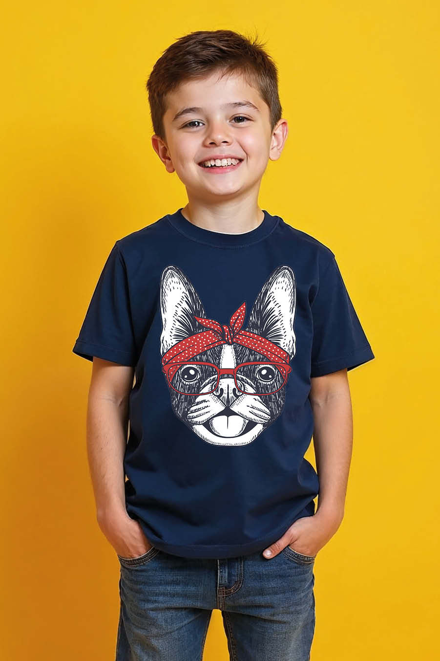 Bandana Dog with Glasses Engraved Sketch T-Shirt Cool Kids Printed T-Shirt