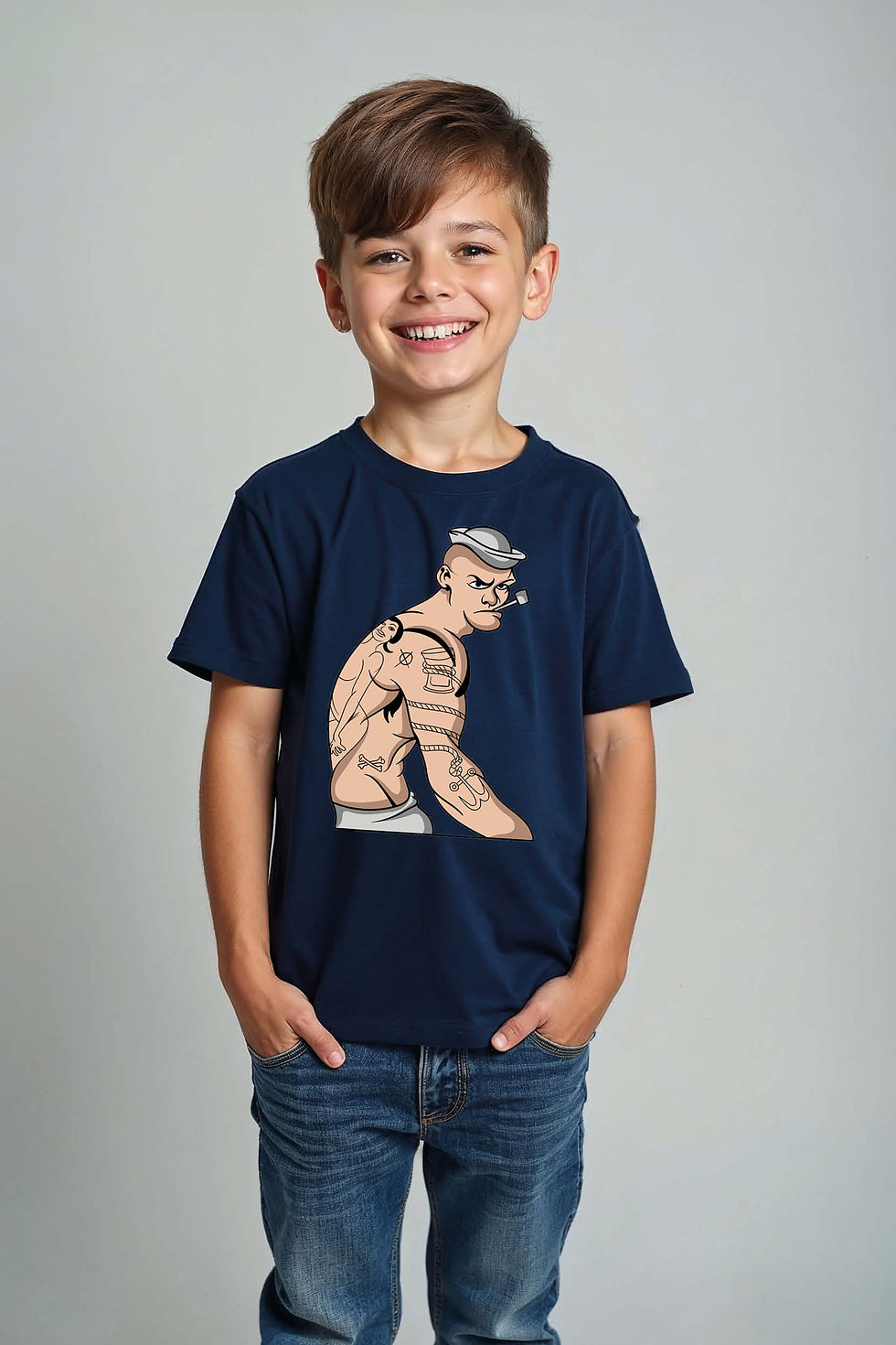 Thumbnail: Gritty Sailor Man with Tattoos Colorful Trendy Printed Tee for Kids