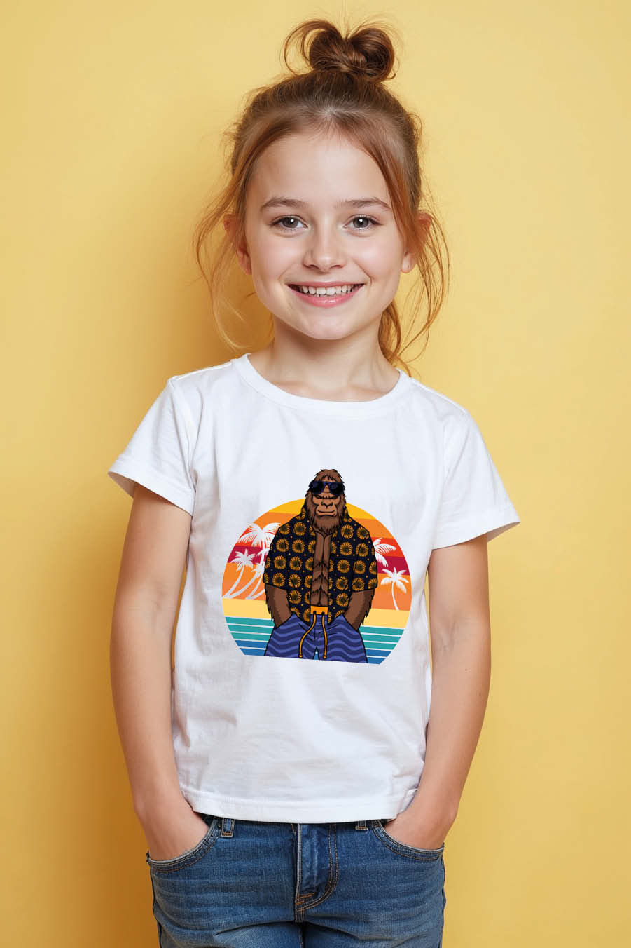 Summer Vacation Bigfoot T-Shirt | Sasquatch in Hawaiian Shirt and Board Shorts