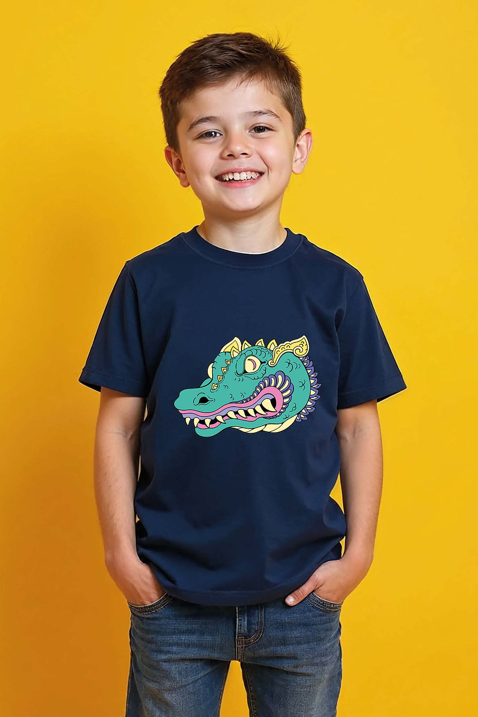 Thumbnail: Psychedelic Green Dragon Head Graphic Tee Colorful Kids Graphic Tee