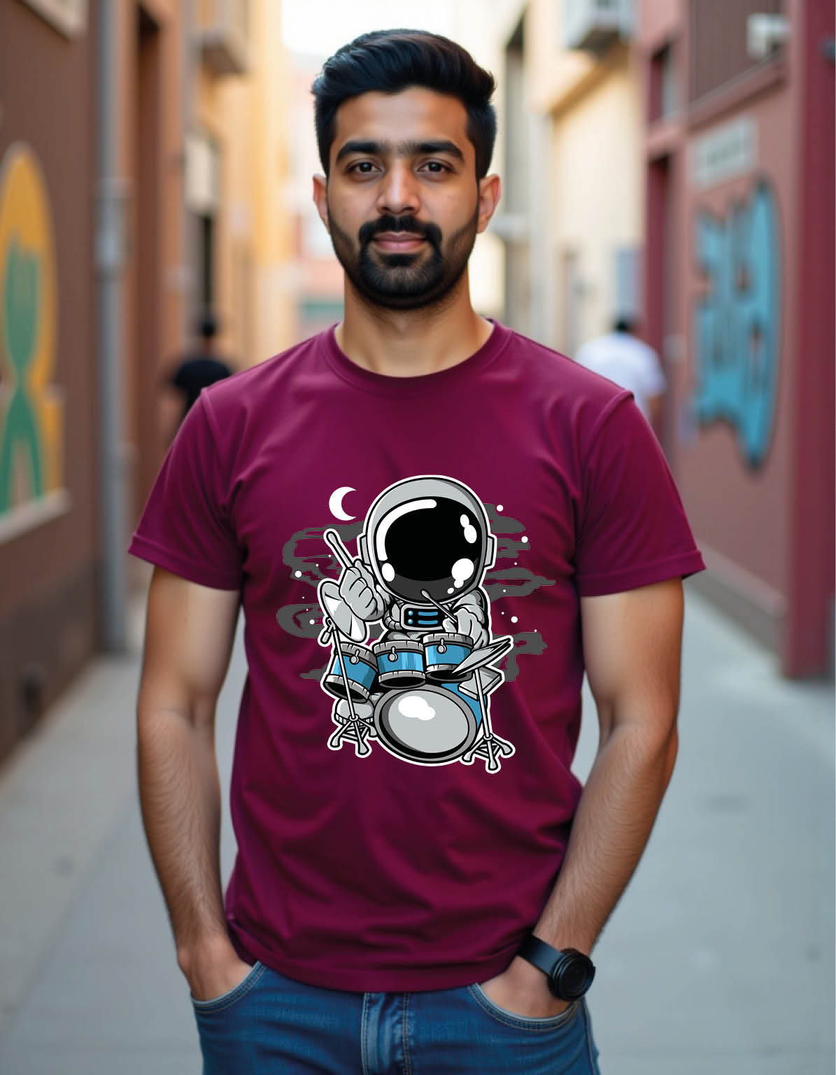 astronaut drummer cartoon mens printed graphic t shirt