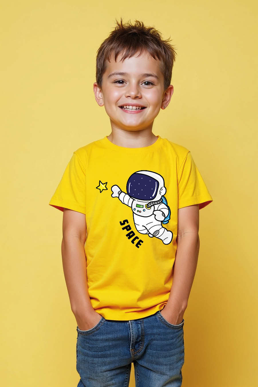 Space Modern Unisex Kids Graphic Tee – Character Print Design for Boys & Girls |