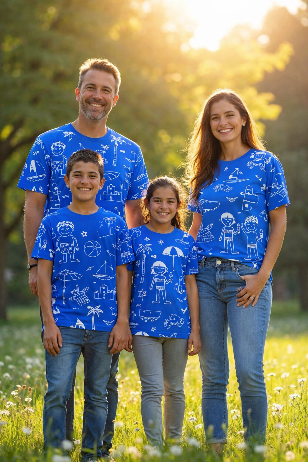 Family beach scene pattern matching printed tees pack of 4