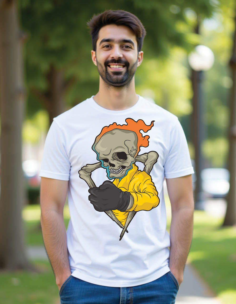 Thumbnail: flaming skull hand drawn style mens printed graphic t shirt
