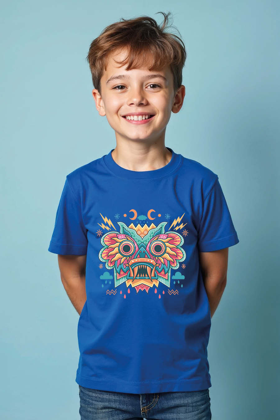 Thumbnail: Vibrant Mystical Mask and Thunder T-Shirt Soft Trendy Printed Tee for Kids