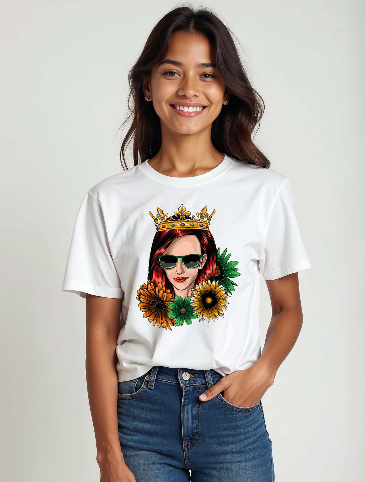 Stylish Queen in Sunglasses and Crown with Sunflowers tees for womens