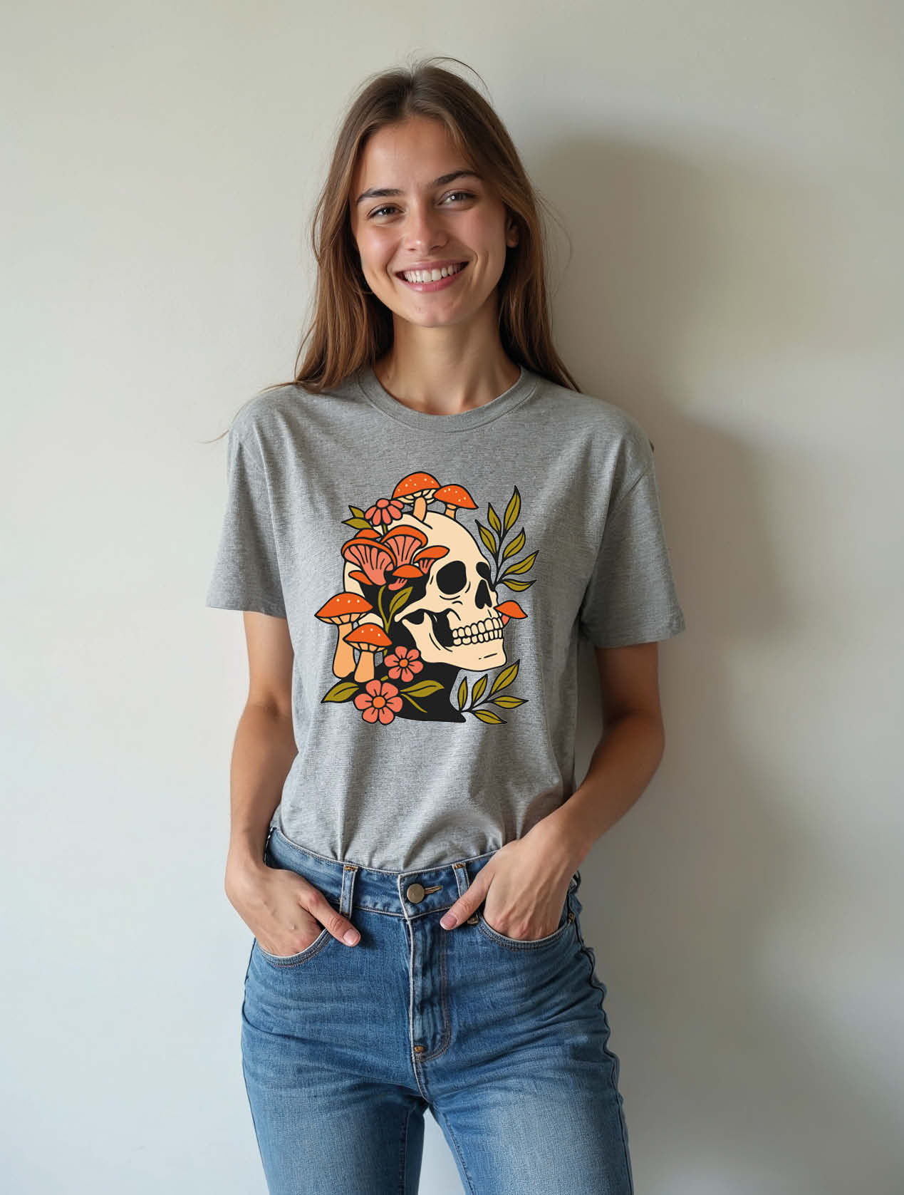 Botanical Mushroom Skull Trendy Women’s Printed Graphic Streetwear T-Shirt